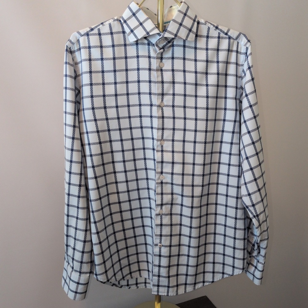 Robert Graham Shirt Mens L White Blue Grid Dobby Cotton Seashell Cuff Nautical